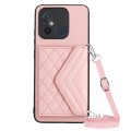 For Xiaomi Redmi 12C / 11A Rhombic Texture Card Bag RFID Phone Case with Long Lanyard(Rose Gold)