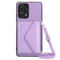 For Xiaomi Redmi Note 12 Turbo Rhombic Texture Card Bag RFID Phone Case with Long Lanyard(Light Purp