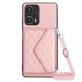 For Xiaomi Redmi Note 12 Turbo Rhombic Texture Card Bag RFID Phone Case with Long Lanyard(Rose Gold)
