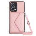 For Xiaomi Redmi Note 12 Pro+ 5G Rhombic Texture Card Bag RFID Phone Case with Long Lanyard(Rose Gol