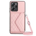 For Xiaomi Redmi Note 12 Pro Speed Rhombic Texture Card Bag RFID Phone Case with Long Lanyard(Rose G