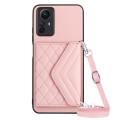 For Xiaomi Redmi Note 12S 4G Rhombic Texture Card Bag RFID Phone Case with Long Lanyard(Rose Gold)