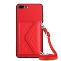 For iPhone 8 Plus / 7 Plus Rhombic Texture Card Bag RFID Phone Case with Long Lanyard(Red)