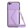 For iPhone SE 2022 / SE 2020 Rhombic Texture Card Bag RFID Phone Case with Long Lanyard(Light Purple