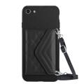 For iPhone SE 2022 / SE 2020 Rhombic Texture Card Bag RFID Phone Case with Long Lanyard(Black)