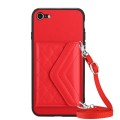 For iPhone SE 2022 / SE 2020 Rhombic Texture Card Bag RFID Phone Case with Long Lanyard(Red)