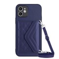 For iPhone 11 Rhombic Texture Card Bag RFID Phone Case with Long Lanyard(Dark Purple)