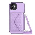 For iPhone 11 Rhombic Texture Card Bag RFID Phone Case with Long Lanyard(Light Purple)