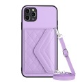 For iPhone 11 Pro Rhombic Texture Card Bag RFID Phone Case with Long Lanyard(Light Purple)