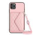 For iPhone 11 Pro Rhombic Texture Card Bag RFID Phone Case with Long Lanyard(Rose Gold)