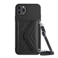 For iPhone 11 Pro Rhombic Texture Card Bag RFID Phone Case with Long Lanyard(Black)