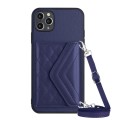 For iPhone 11 Pro Max Rhombic Texture Card Bag RFID Phone Case with Long Lanyard(Dark Purple)