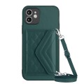 For iPhone 12 Rhombic Texture Card Bag RFID Phone Case with Long Lanyard(Green)