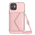 For iPhone 12 Rhombic Texture Card Bag RFID Phone Case with Long Lanyard(Rose Gold)