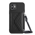 For iPhone 12 Rhombic Texture Card Bag RFID Phone Case with Long Lanyard(Black)