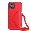 For iPhone 12 mini Rhombic Texture Card Bag RFID Phone Case with Long Lanyard(Red)