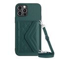 For iPhone 12 Pro Rhombic Texture Card Bag RFID Phone Case with Long Lanyard(Green)