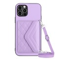 For iPhone 12 Pro Rhombic Texture Card Bag RFID Phone Case with Long Lanyard(Light Purple)