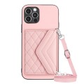 For iPhone 12 Pro Rhombic Texture Card Bag RFID Phone Case with Long Lanyard(Rose Gold)