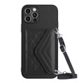 For iPhone 12 Pro Max Rhombic Texture Card Bag RFID Phone Case with Long Lanyard(Black)