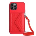For iPhone 12 Pro Max Rhombic Texture Card Bag RFID Phone Case with Long Lanyard(Red)