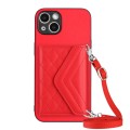 For iPhone 13 Rhombic Texture Card Bag RFID Phone Case with Long Lanyard(Red)