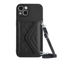 For iPhone 13 mini Rhombic Texture Card Bag RFID Phone Case with Long Lanyard(Black)