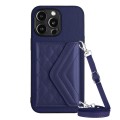 For iPhone 13 Pro Rhombic Texture Card Bag RFID Phone Case with Long Lanyard(Dark Purple)