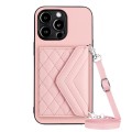 For iPhone 13 Pro Rhombic Texture Card Bag RFID Phone Case with Long Lanyard(Rose Gold)