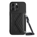 For iPhone 13 Pro Max Rhombic Texture Card Bag RFID Phone Case with Long Lanyard(Black)