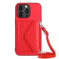 For iPhone 13 Pro Max Rhombic Texture Card Bag RFID Phone Case with Long Lanyard(Red)