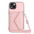 For iPhone 14 Rhombic Texture Card Bag RFID Phone Case with Long Lanyard(Rose Gold)