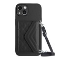 For iPhone 14 Rhombic Texture Card Bag RFID Phone Case with Long Lanyard(Black)
