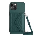 For iPhone 14 Plus Rhombic Texture Card Bag RFID Phone Case with Long Lanyard(Green)