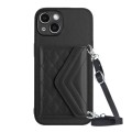 For iPhone 14 Plus Rhombic Texture Card Bag RFID Phone Case with Long Lanyard(Black)