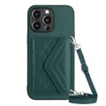 For iPhone 14 Pro Rhombic Texture Card Bag RFID Phone Case with Long Lanyard(Green)