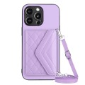 For iPhone 14 Pro Rhombic Texture Card Bag RFID Phone Case with Long Lanyard(Light Purple)