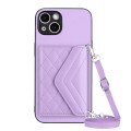 For iPhone 15 Rhombic Texture Card Bag RFID Phone Case with Long Lanyard(Light Purple)