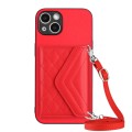 For iPhone 15 Rhombic Texture Card Bag RFID Phone Case with Long Lanyard(Red)