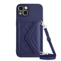 For iPhone 15 Plus Rhombic Texture Card Bag RFID Phone Case with Long Lanyard(Dark Purple)