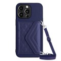 For iPhone 15 Pro Rhombic Texture Card Bag RFID Phone Case with Long Lanyard(Dark Purple)