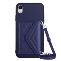 For iPhone XR Rhombic Texture Card Bag RFID Phone Case with Long Lanyard(Dark Purple)