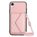 For iPhone XR Rhombic Texture Card Bag RFID Phone Case with Long Lanyard(Rose Gold)