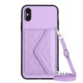 For iPhone XS Max Rhombic Texture Card Bag RFID Phone Case with Long Lanyard(Light Purple)