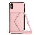 For iPhone XS Max Rhombic Texture Card Bag RFID Phone Case with Long Lanyard(Rose Gold)