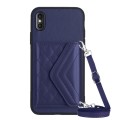 For iPhone XS / X Rhombic Texture Card Bag RFID Phone Case with Long Lanyard(Dark Purple)