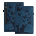 For Samsung Galaxy Tab S9 Ultra / S8 Ultra Butterfly Cat Embossing Leather Tablet Case(Dark Blue)