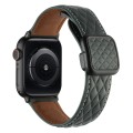 For Apple Watch Series 8 45mm Rhombus Pattern Magnetic Square Buckle Leather Watch Band(Dark Green)