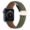 For Apple Watch SE 2023 44mm Rhombus Pattern Magnetic Folding Buckle Leather Watch Band(Army Green)