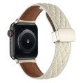 For Apple Watch SE 2023 44mm Rhombus Pattern Magnetic Folding Buckle Leather Watch Band(Creamy White